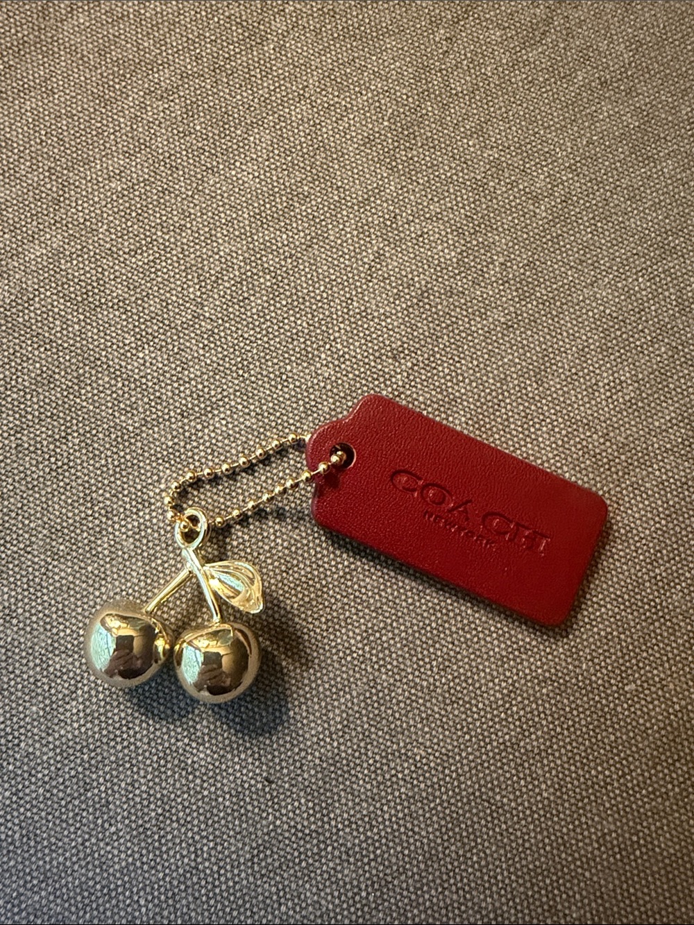 Coach Red Leather Tag Cherry Keychain with Gold Cherries
